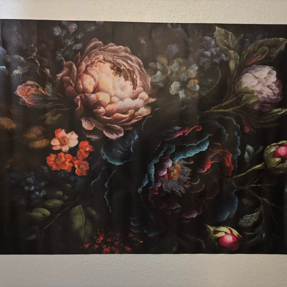 Source Unknown Dark Floral Tapestry with Pink and Green
